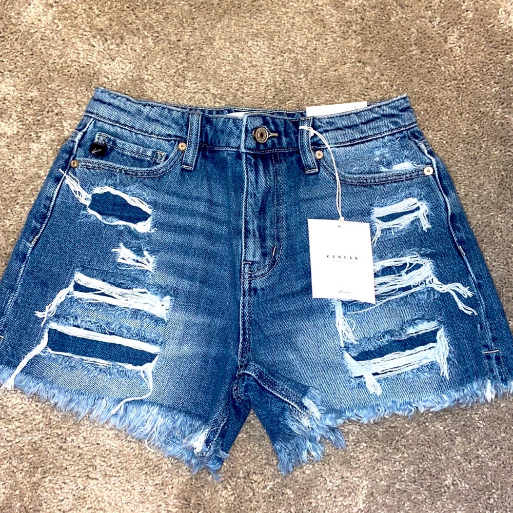 KanCan Distressed High Waist Denim Shorts - Blue